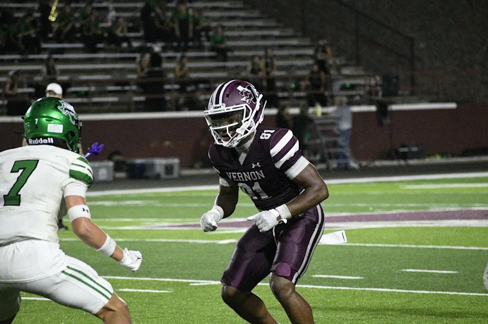 Vernon receiver M'aujehl Aboso goes to make a block during a homecoming game against Iowa Park at Lion Stadium on Friday, Sept. 25, 2026.