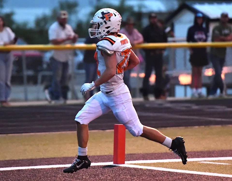 Petrolia's Kason Gee scores a touchdown during a game against Archer City on, Friday, Oct. 2, 2026, in Archer City.