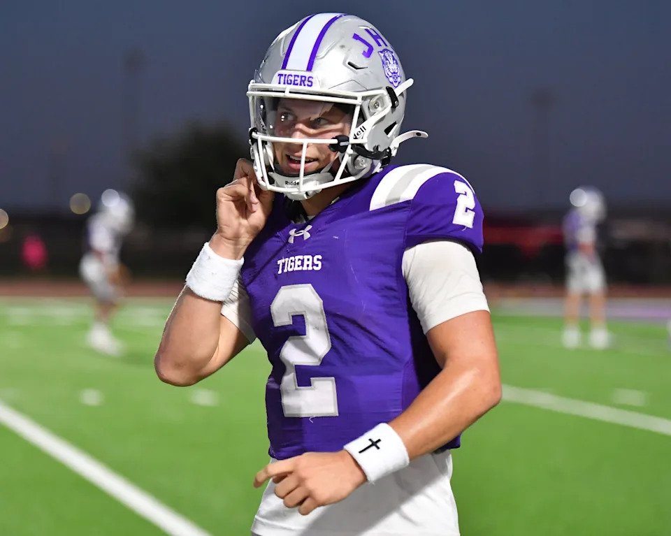 Jacksboro's Hoytt Wesson smiles after the tigers score during a game against Merkel on, Friday, Oct. 9, 2026, at Jacksboro High School.