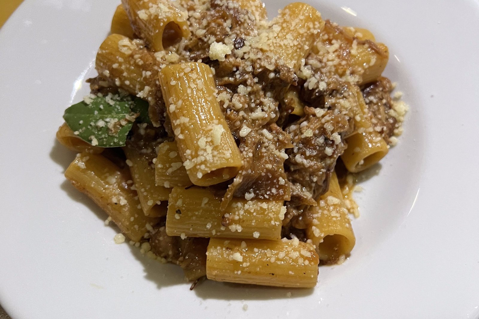 Thick rigatoni pasta with beef, grated cheese, and herbs.